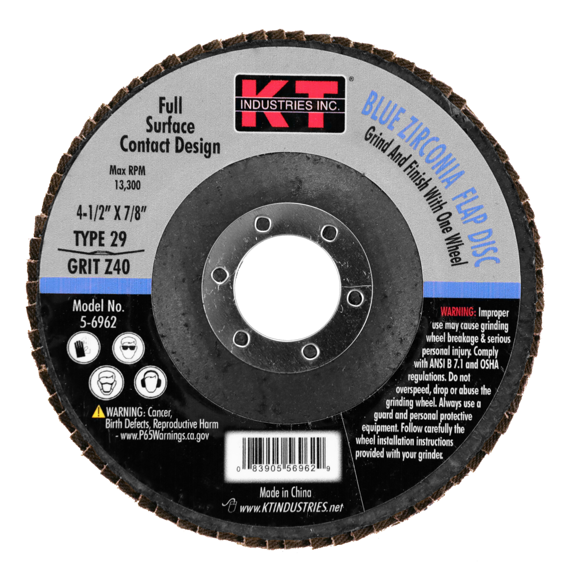 K-T Industries Blue Zirconia Flap Disc — 4 1/2in. x 7/8in., 40 Grit, Type 29, Model# 5-6962